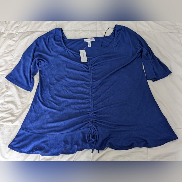 Addition Elle, Royal blue, 3/4 length sleeve, crepe shirt with ruffled hem. - Picture 15 of 16